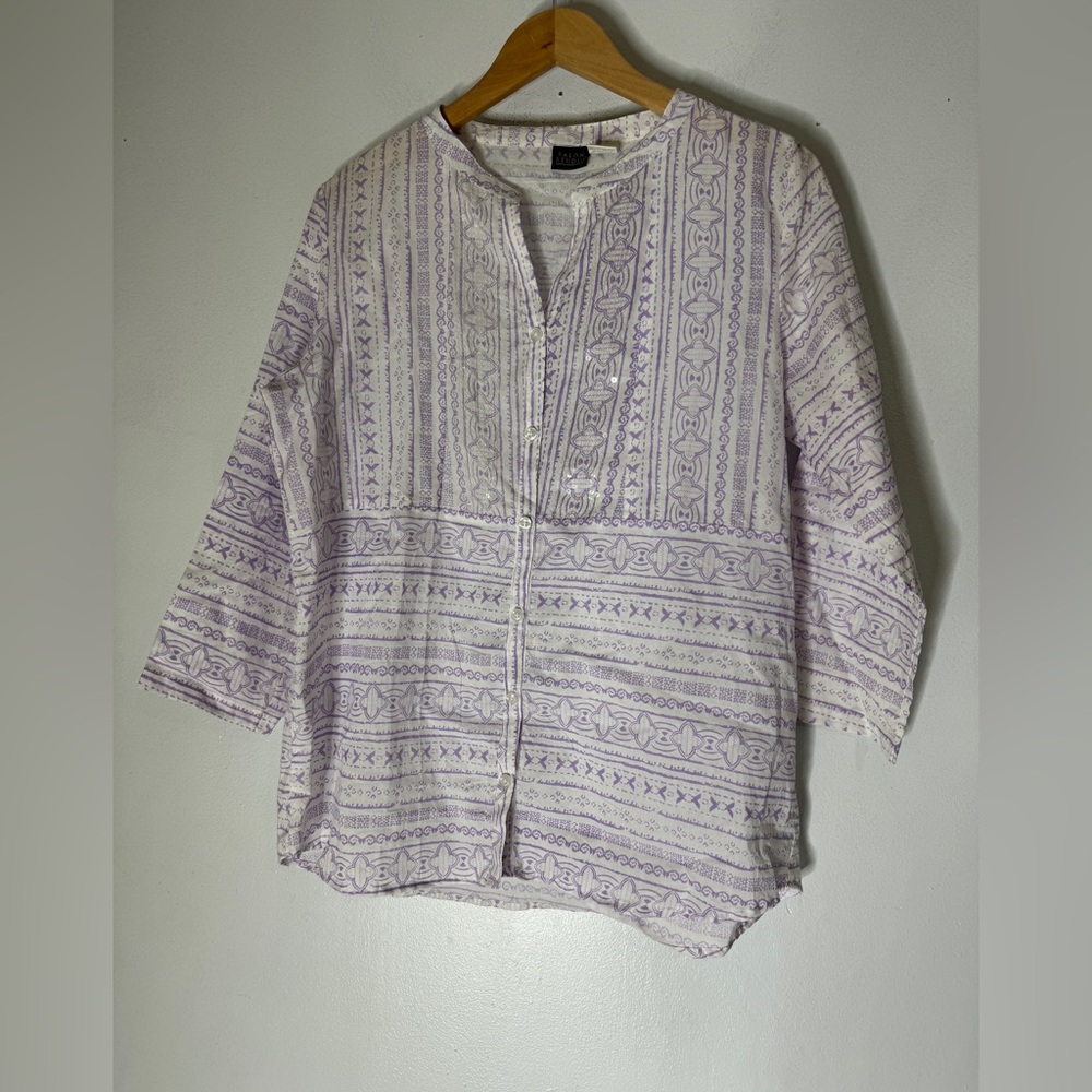 Salon Studio 3/4 Sleeve Button Down White Purple Print Sequin Detail Top Medium